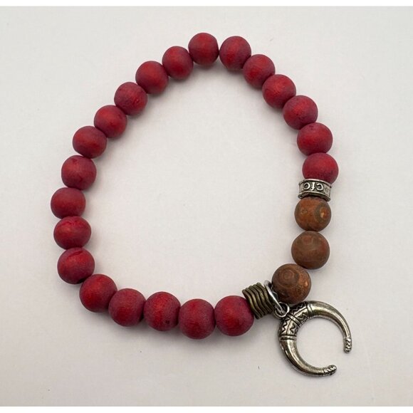 Red Wooden Beaded Bracelet with Celtic Double Horn Charm CFC Silver Tone Boho - Picture 5 of 7